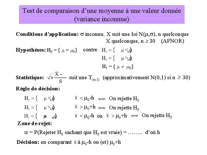 Test de comparaison d’une moyenne à une valeur donnée (variance inconnue) Conditions d’application: s