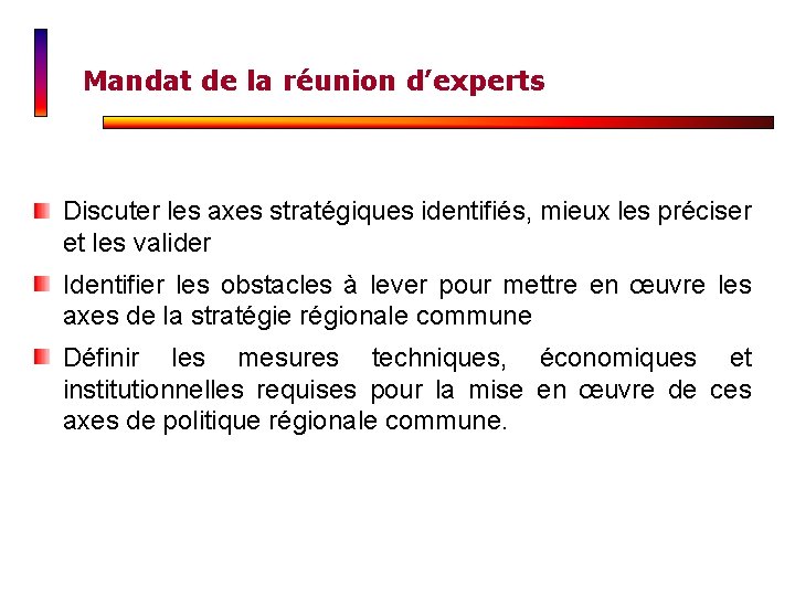 Mandat de la réunion d’experts Discuter les axes stratégiques identifiés, mieux les préciser et