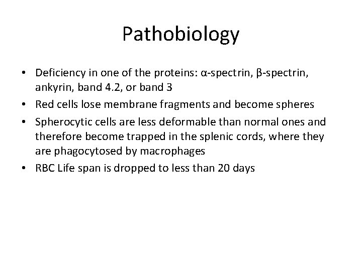 Pathobiology • Deficiency in one of the proteins: α-spectrin, β-spectrin, ankyrin, band 4. 2,