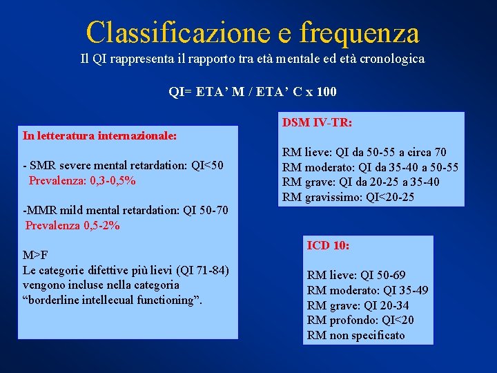 Classificazione e frequenza Il QI rappresenta il rapporto tra età mentale ed età cronologica