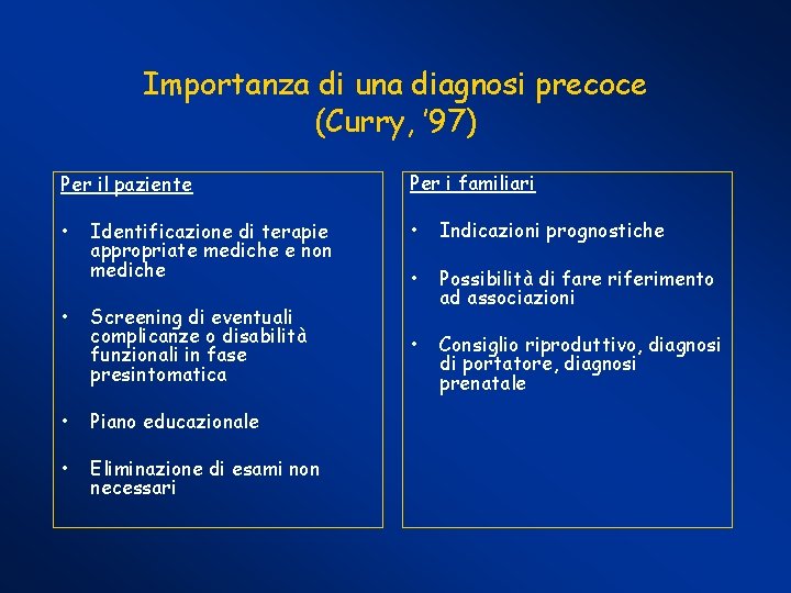 Importanza di una diagnosi precoce (Curry, ’ 97) Per il paziente Per i familiari