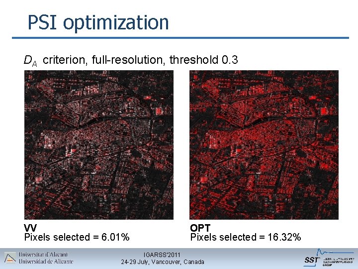 PSI optimization DA criterion, full-resolution, threshold 0. 3 VV Pixels selected = 6. 01%