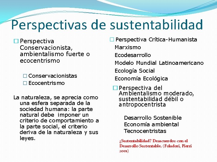 Perspectivas de sustentabilidad � Perspectiva Conservacionista, ambientalismo fuerte o ecocentrismo � Conservacionistas � Ecocentrismo