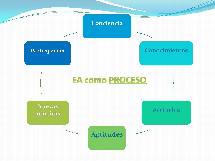Conciencia Conocimientos Participación EA como PROCESO Nuevas prácticas Actitudes Aptitudes 