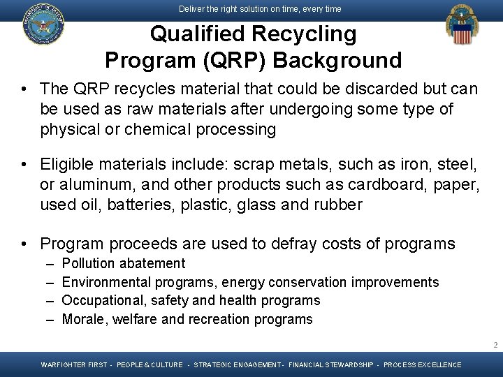 Deliver the right solution on time, every time Qualified Recycling Program (QRP) Background •