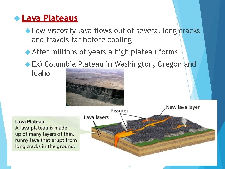  Lava Plateaus Low viscosity lava flows out of several long cracks and travels