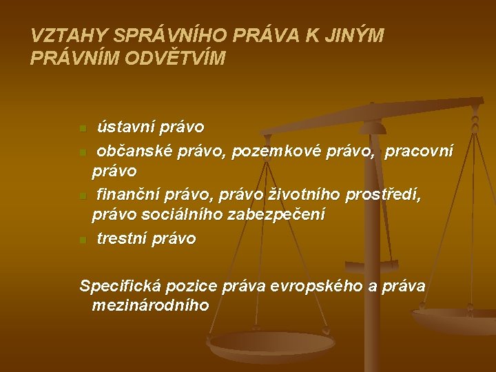 VZTAHY SPRÁVNÍHO PRÁVA K JINÝM PRÁVNÍM ODVĚTVÍM ústavní právo n občanské právo, pozemkové právo,