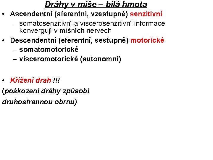 Dráhy v míše – bílá hmota • Ascendentní (aferentní, vzestupné) senzitivní – somatosenzitivní a