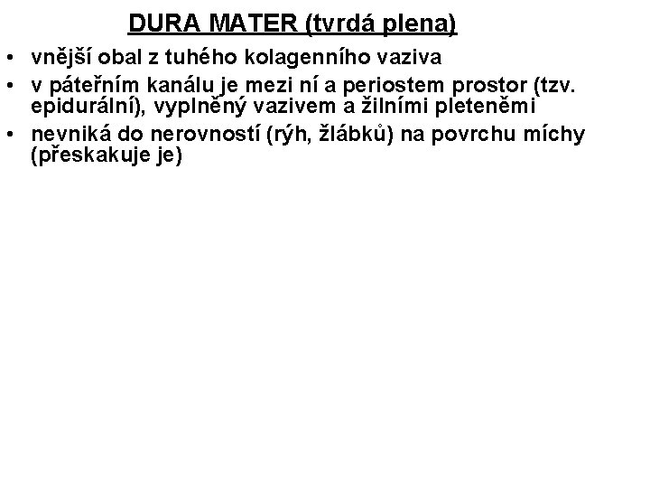 DURA MATER (tvrdá plena) • vnější obal z tuhého kolagenního vaziva • v páteřním