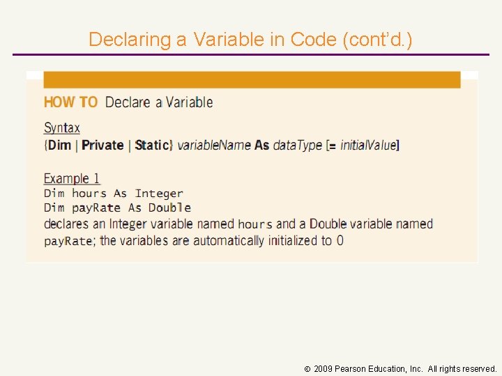 Declaring a Variable in Code (cont’d. ) 2009 Pearson Education, Inc. All rights reserved.