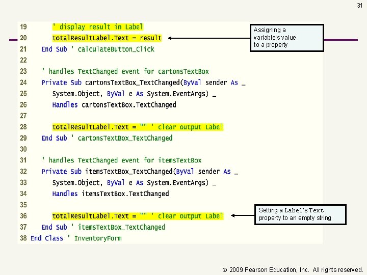 31 Assigning a variable’s value to a property Setting a Label’s Text property to