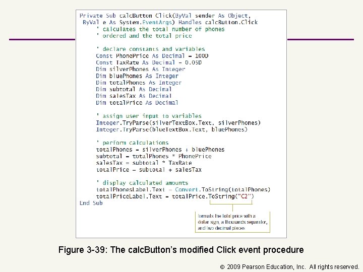 Figure 3 39: The calc. Button’s modified Click event procedure 2009 Pearson Education, Inc.