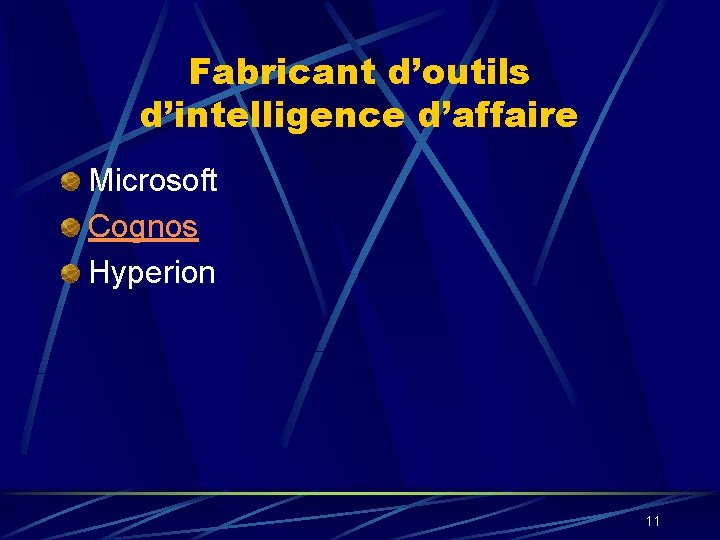 Fabricant d’outils d’intelligence d’affaire Microsoft Cognos Hyperion 11 