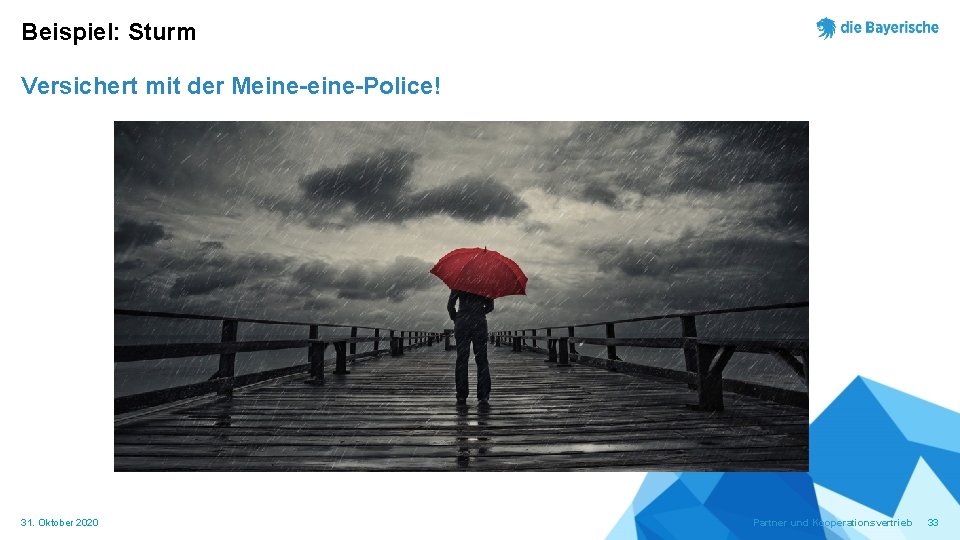 Beispiel: Sturm Versichert mit der Meine-Police! 31. Oktober 2020 Partner und Kooperationsvertrieb 33 