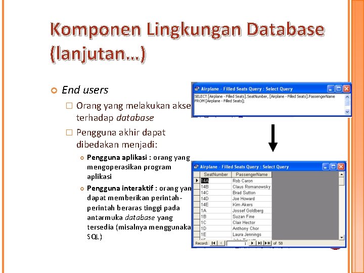 Komponen Lingkungan Database (lanjutan…) End users Orang yang melakukan akses terhadap database � Pengguna Komponen Lingkungan Database (lanjutan…) End users Orang yang melakukan akses terhadap database � Pengguna