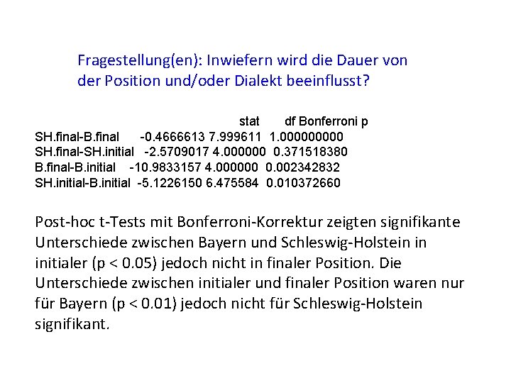 Fragestellung(en): Inwiefern wird die Dauer von der Position und/oder Dialekt beeinflusst? stat df Bonferroni