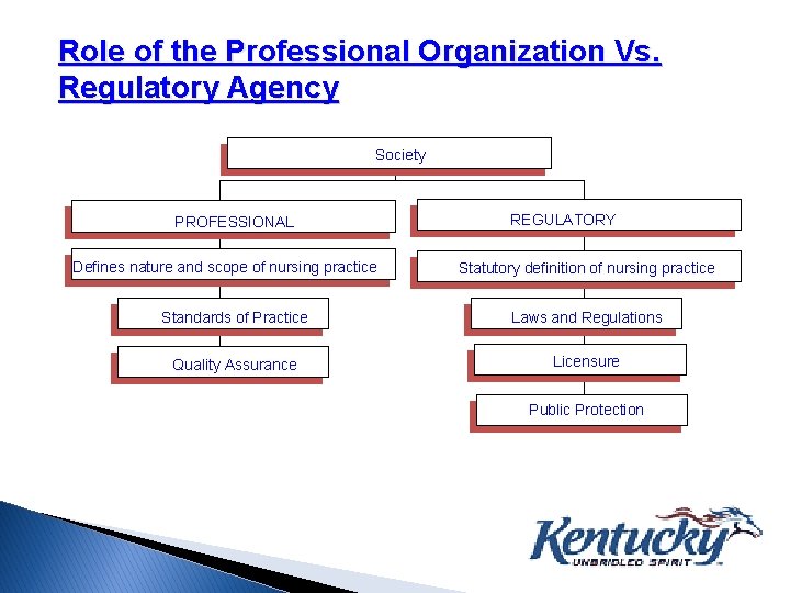 Role of the Professional Organization Vs. Regulatory Agency Society PROFESSIONAL Defines nature and scope
