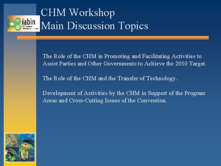 CHM Workshop Main Discussion Topics The Role of the CHM in Promoting and Facilitating