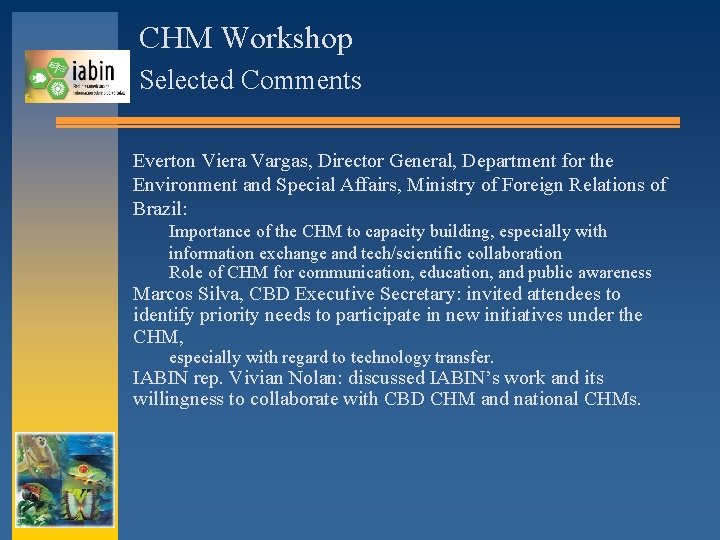 CHM Workshop Selected Comments Everton Viera Vargas, Director General, Department for the Environment and