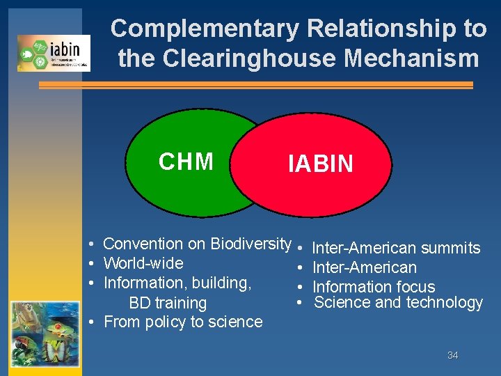 Complementary Relationship to the Clearinghouse Mechanism CHM IABIN • Convention on Biodiversity • •