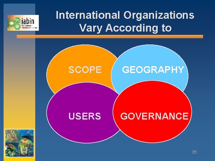 International Organizations Vary According to SCOPE GEOGRAPHY USERS GOVERNANCE 35 