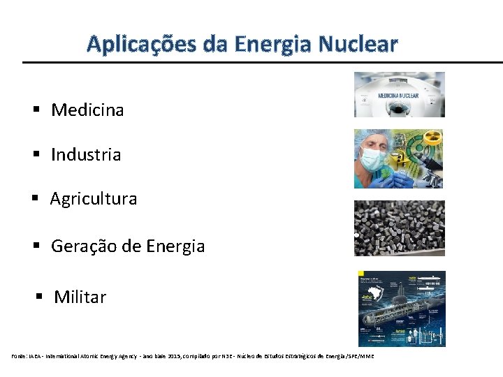 Aplicações da Energia Nuclear § Medicina § Industria § Agricultura § Geração de Energia