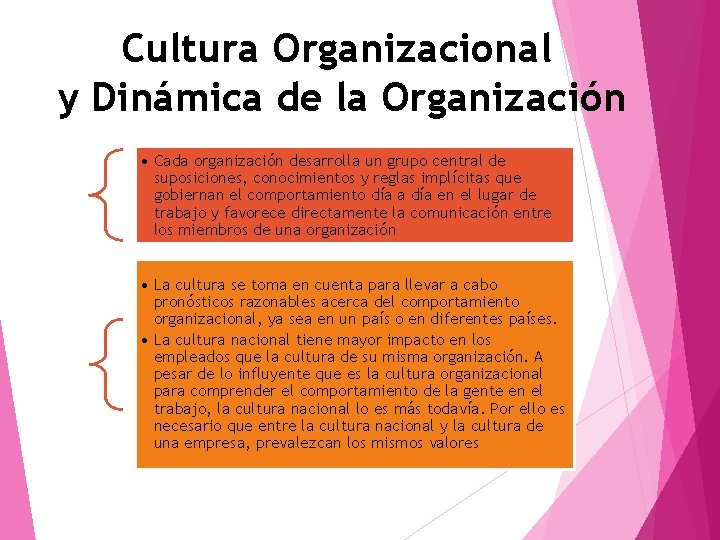 Cultura Organizacional y Dinámica de la Organización • Cada organización desarrolla un grupo central