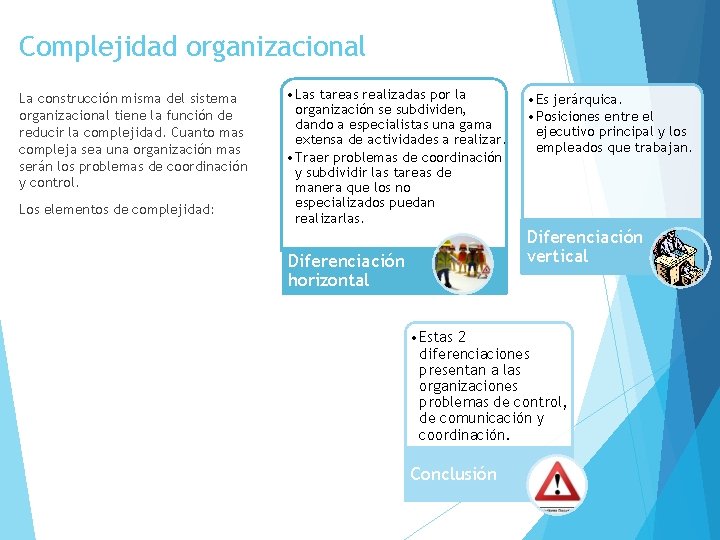 Complejidad organizacional La construcción misma del sistema organizacional tiene la función de reducir la