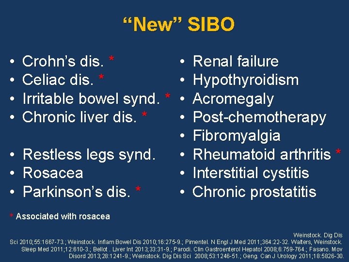 “New” SIBO • • Crohn’s dis. * Celiac dis. * Irritable bowel synd. *
