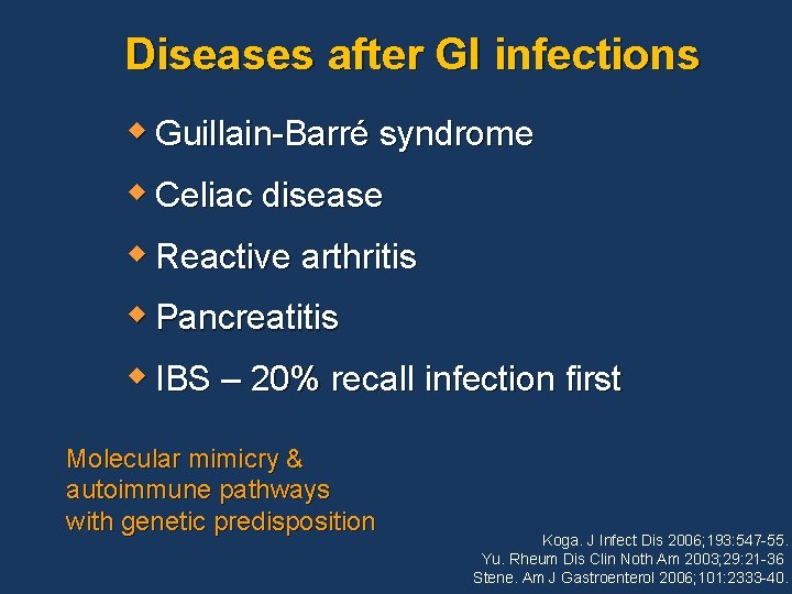 Diseases after GI infections w Guillain-Barré syndrome w Celiac disease w Reactive arthritis w