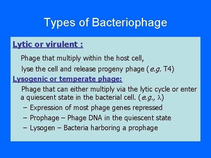 Types of Bacteriophage Lytic or virulent : Phage that multiply within the host cell,