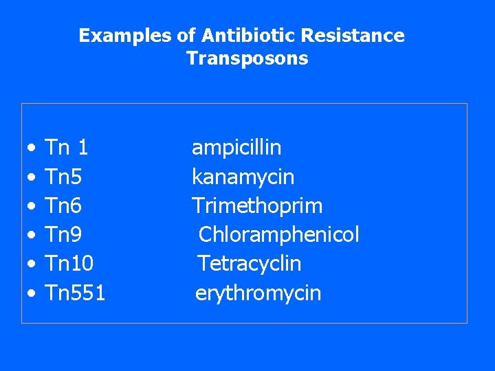 Examples of Antibiotic Resistance Transposons • • • Tn 1 Tn 5 Tn 6 Examples of Antibiotic Resistance Transposons • • • Tn 1 Tn 5 Tn 6