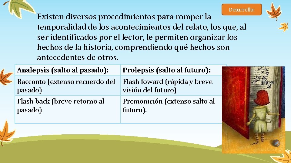 Desarrollo: Existen diversos procedimientos para romper la temporalidad de los acontecimientos del relato, los