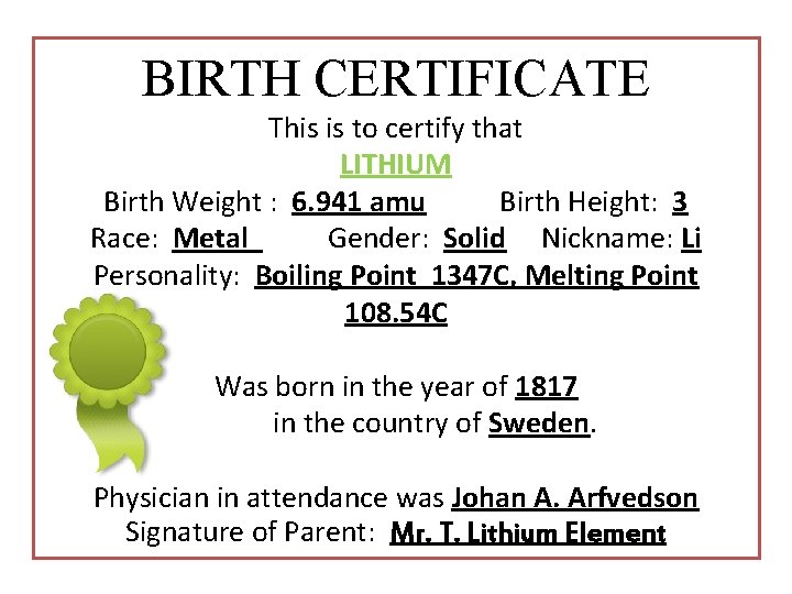 BIRTH CERTIFICATE This is to certify that LITHIUM Birth Weight : 6. 941 amu