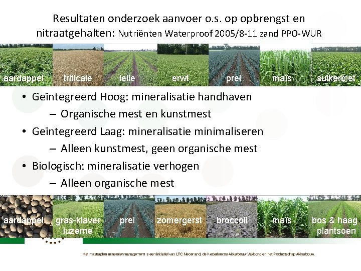 Resultaten onderzoek aanvoer o. s. op opbrengst en nitraatgehalten: Nutriënten Waterproof 2005/8 -11 zand