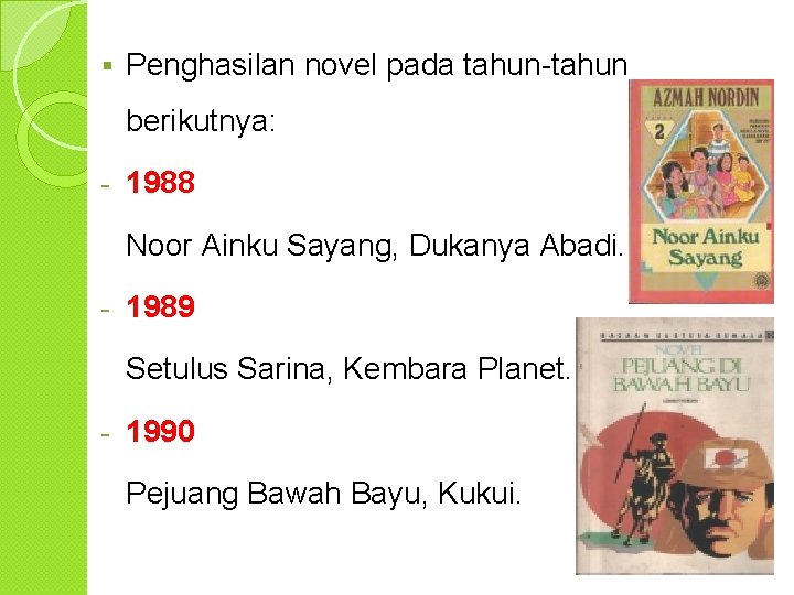 § Penghasilan novel pada tahun-tahun berikutnya: - 1988 Noor Ainku Sayang, Dukanya Abadi. -