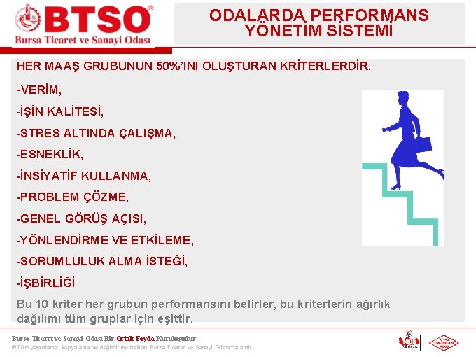 ODALARDA PERFORMANS YÖNETİM SİSTEMİ HER MAAŞ GRUBUNUN 50%’INI OLUŞTURAN KRİTERLERDİR. -VERİM, -İŞİN KALİTESİ, -STRES