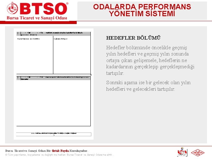 ODALARDA PERFORMANS YÖNETİM SİSTEMİ HEDEFLER BÖLÜMÜ Hedefler bölümünde öncelikle geçmiş yılın hedefleri ve geçmiş