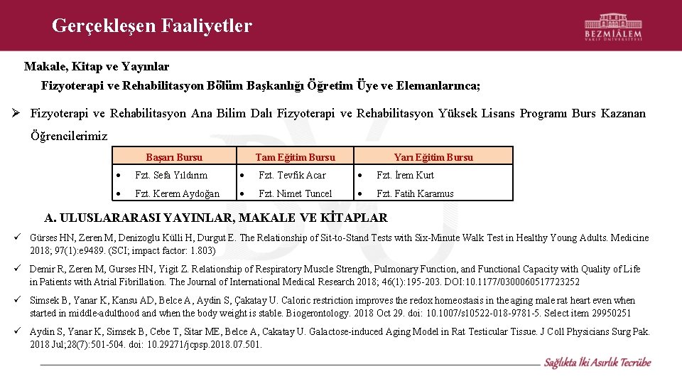 Gerçekleşen Faaliyetler Makale, Kitap ve Yayınlar Fizyoterapi ve Rehabilitasyon Bölüm Başkanlığı Öğretim Üye ve