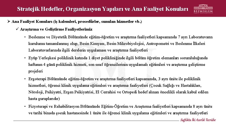 Stratejik Hedefler, Organizasyon Yapıları ve Ana Faaliyet Konuları (iş kalemleri, prosedürler, sunulan hizmetler vb.