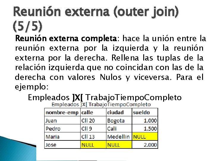 Reunión externa (outer join) (5/5) Reunión externa completa: hace la unión entre la reunión