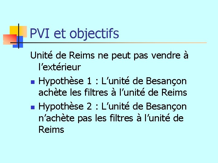 PVI et objectifs Unité de Reims ne peut pas vendre à l’extérieur n Hypothèse