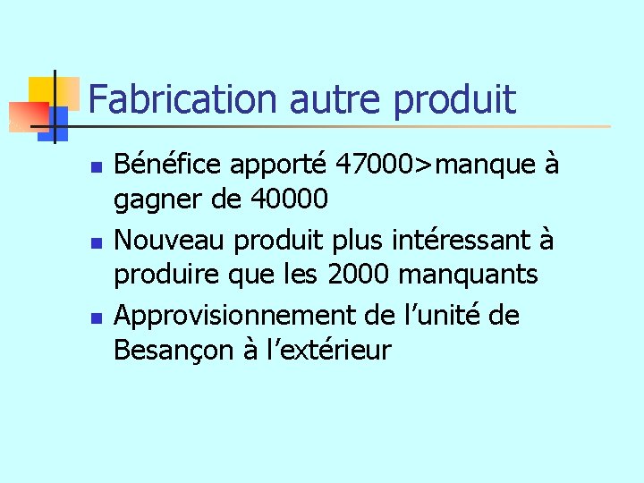 Fabrication autre produit n n n Bénéfice apporté 47000>manque à gagner de 40000 Nouveau