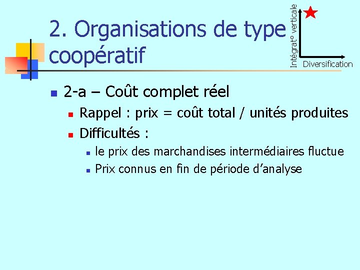 Intégrat° verticale 2. Organisations de type coopératif n Diversification 2 -a – Coût complet
