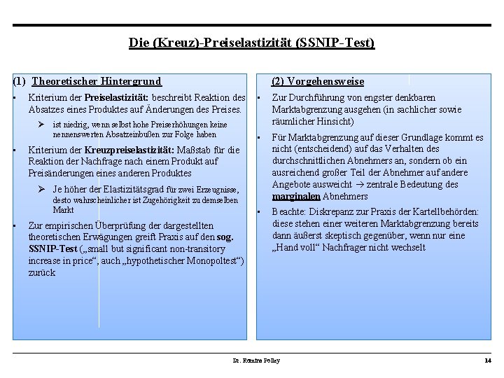 Die (Kreuz)-Preiselastizität (SSNIP-Test) (1) Theoretischer Hintergrund • Kriterium der Preiselastizität: beschreibt Reaktion des •