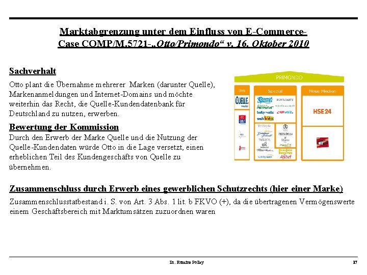 Marktabgrenzung unter dem Einfluss von E-Commerce. Case COMP/M. 5721 -„Otto/Primondo“ v. 16. Oktober 2010 Marktabgrenzung unter dem Einfluss von E-Commerce. Case COMP/M. 5721 -„Otto/Primondo“ v. 16. Oktober 2010