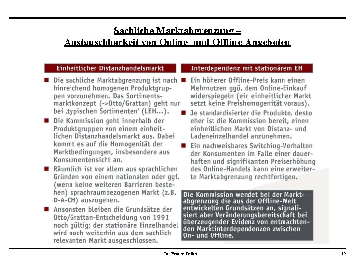 Sachliche Marktabgrenzung – Austauschbarkeit von Online- und Offline-Angeboten Dr. Romina Polley 19 Sachliche Marktabgrenzung – Austauschbarkeit von Online- und Offline-Angeboten Dr. Romina Polley 19