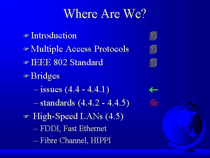 Where Are We? F Introduction F Multiple Access Protocols F IEEE 802 Standard F