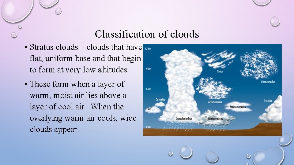 Classification of clouds • Stratus clouds – clouds that have flat, uniform base and