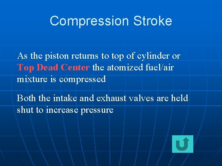 Compression Stroke As the piston returns to top of cylinder or Top Dead Center